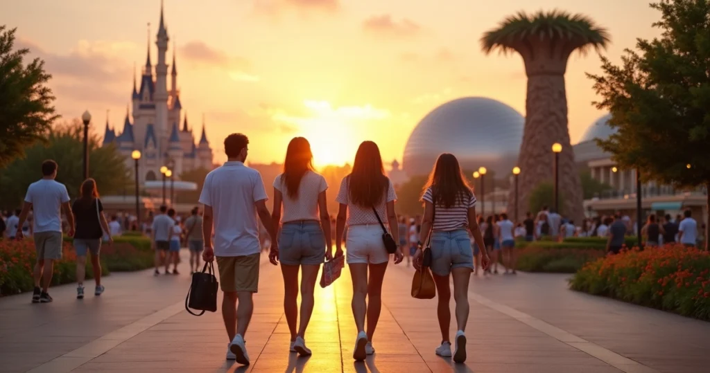 Grupo de adultos caminhando ao entardecer próximo a diferentes ícones dos parques temáticos