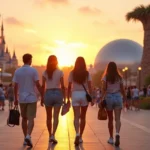 Grupo de adultos caminhando ao entardecer próximo a diferentes ícones dos parques temáticos