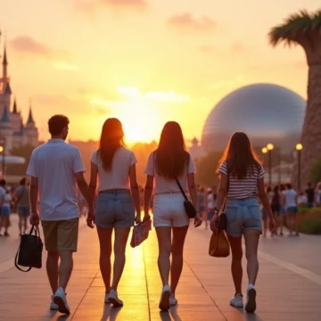 Grupo de adultos caminhando ao entardecer próximo a diferentes ícones dos parques temáticos