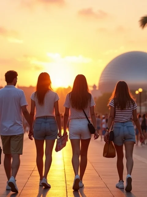 Grupo de adultos caminhando ao entardecer próximo a diferentes ícones dos parques temáticos