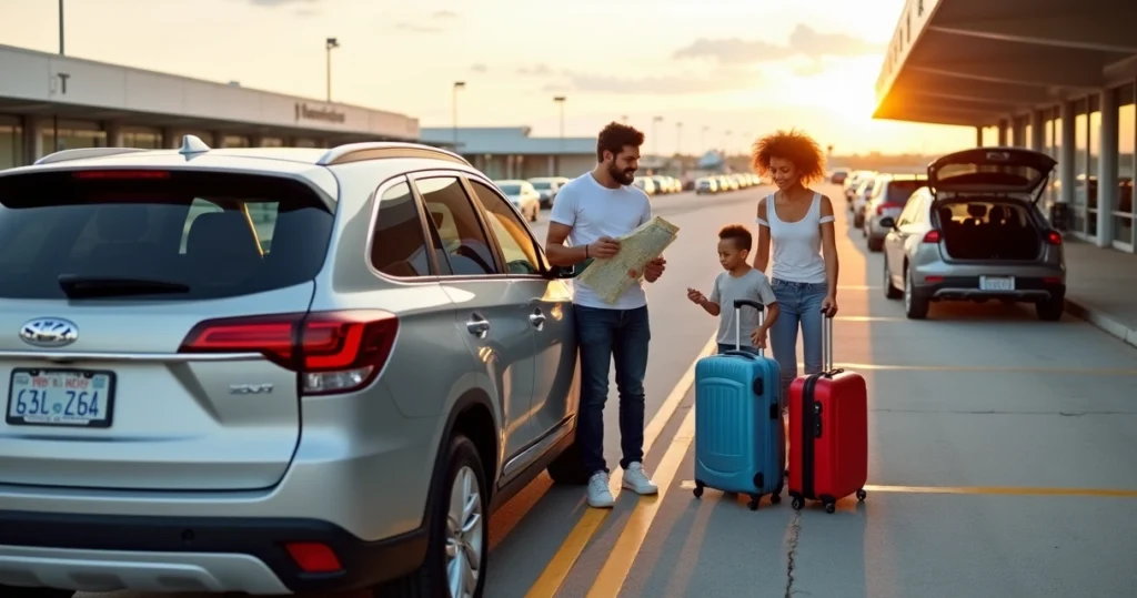 Família brasileira pegando carro alugado em Orlando em estacionamento de aeroporto