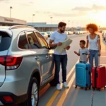 Família brasileira pegando carro alugado em Orlando em estacionamento de aeroporto