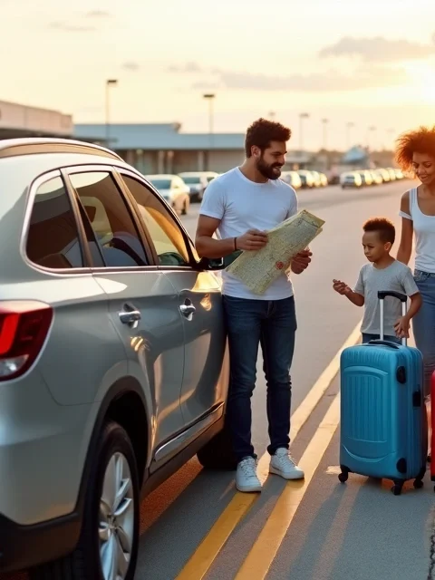 Família brasileira pegando carro alugado em Orlando em estacionamento de aeroporto