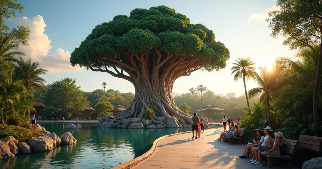 Visão ampla da Árvore da Vida com área verde e visitantes caminhando