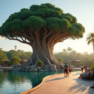 Visão ampla da Árvore da Vida com área verde e visitantes caminhando