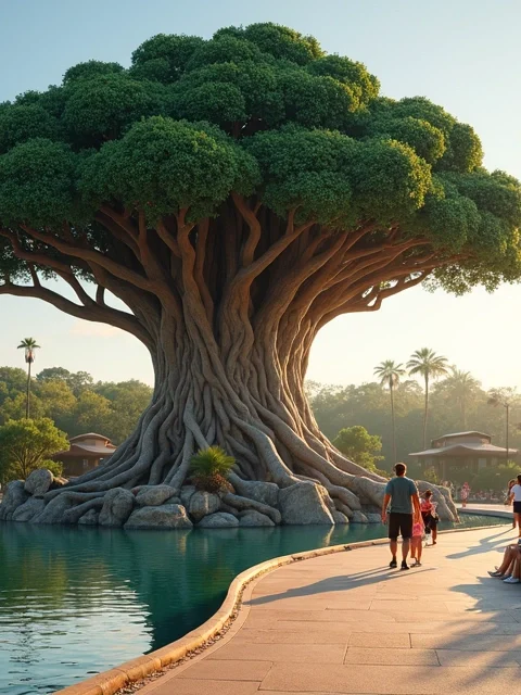 Visão ampla da Árvore da Vida com área verde e visitantes caminhando