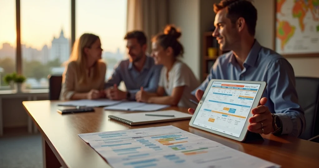 Consultor de viagens mostra em tablet plano personalizado de parques Disney para família em sala sofisticada