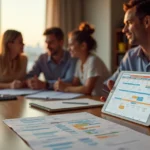 Consultor de viagens mostra em tablet plano personalizado de parques Disney para família em sala sofisticada