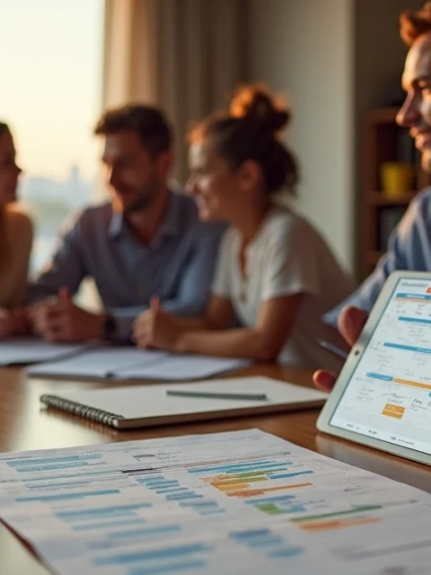 Consultor de viagens mostra em tablet plano personalizado de parques Disney para família em sala sofisticada