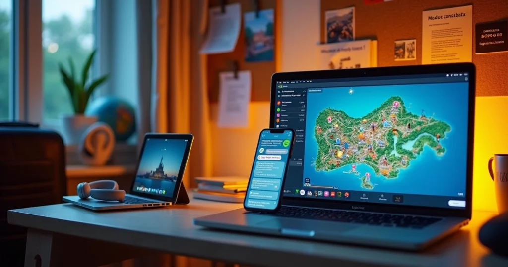 Planejamento virtual de roteiro Disney com celular mostrando mapa de parque