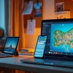 Planejamento virtual de roteiro Disney com celular mostrando mapa de parque