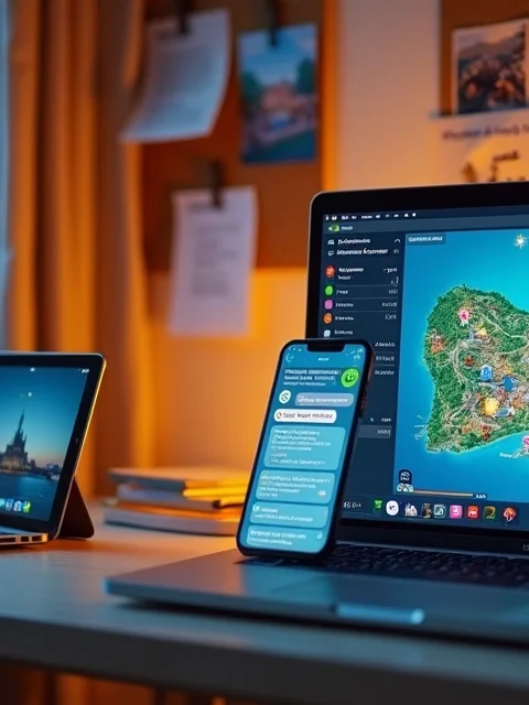 Planejamento virtual de roteiro Disney com celular mostrando mapa de parque