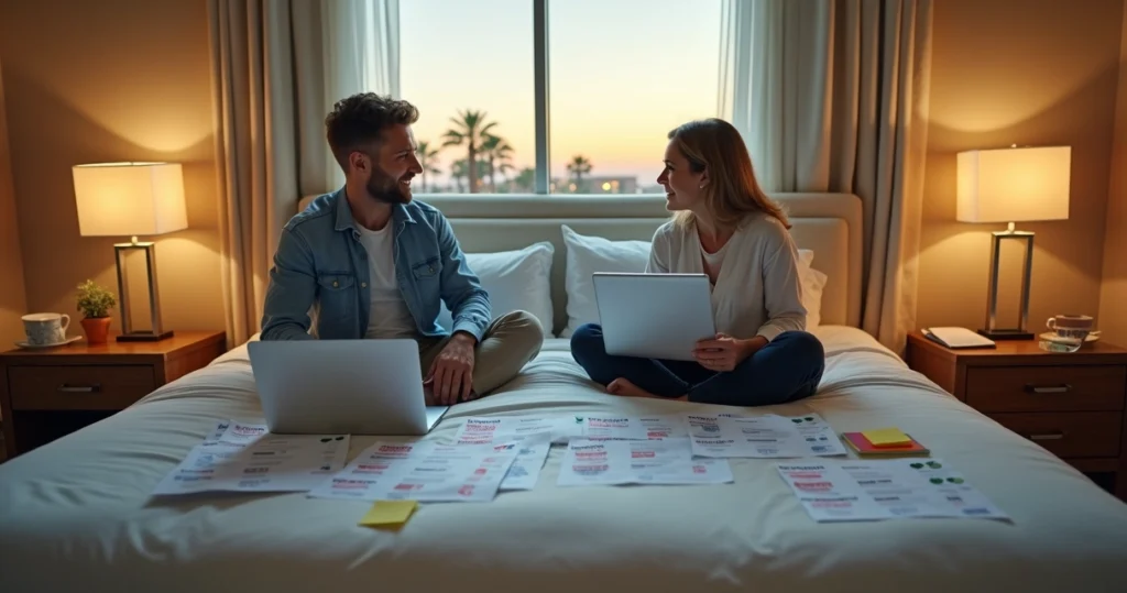 Casal analisa opções de hotéis em Orlando em frente ao laptop