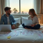 Casal analisa opções de hotéis em Orlando em frente ao laptop