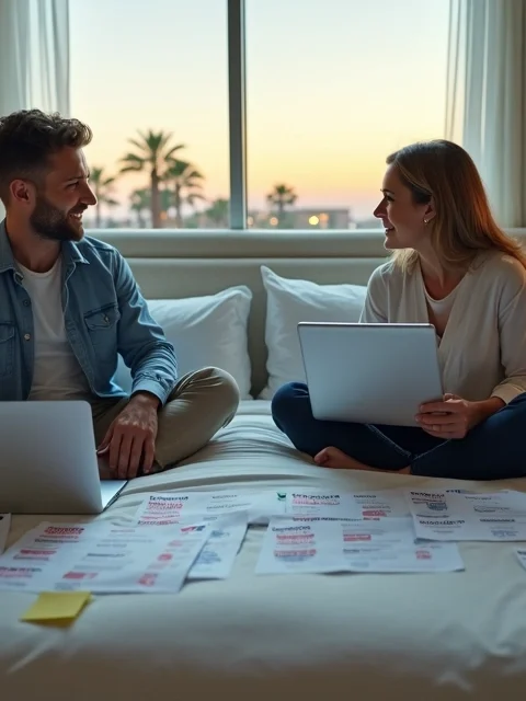 Casal analisa opções de hotéis em Orlando em frente ao laptop