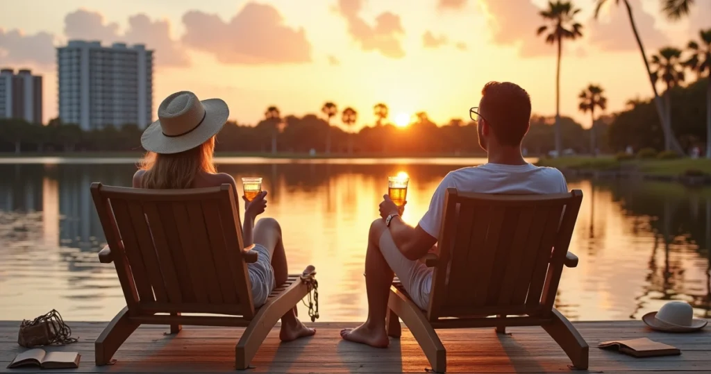 Casal relaxa em deque de madeira com vista para lago em Orlando ao pôr do sol