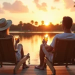 Casal relaxa em deque de madeira com vista para lago em Orlando ao pôr do sol