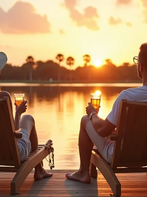 Casal relaxa em deque de madeira com vista para lago em Orlando ao pôr do sol