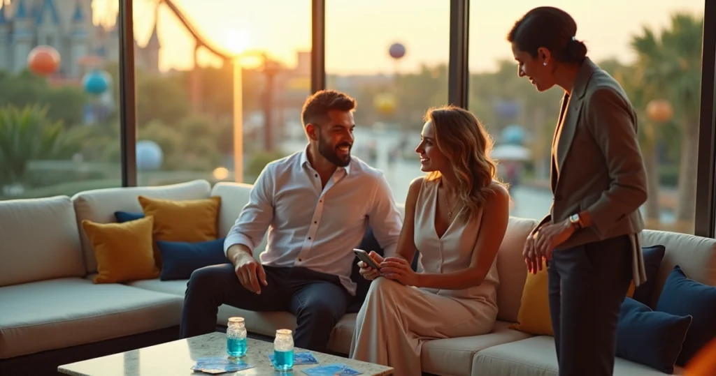 Casal brasileiro elegante em área VIP de parque em Orlando sem filas aparentes