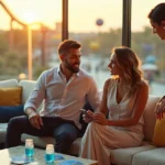 Casal brasileiro elegante em área VIP de parque em Orlando sem filas aparentes