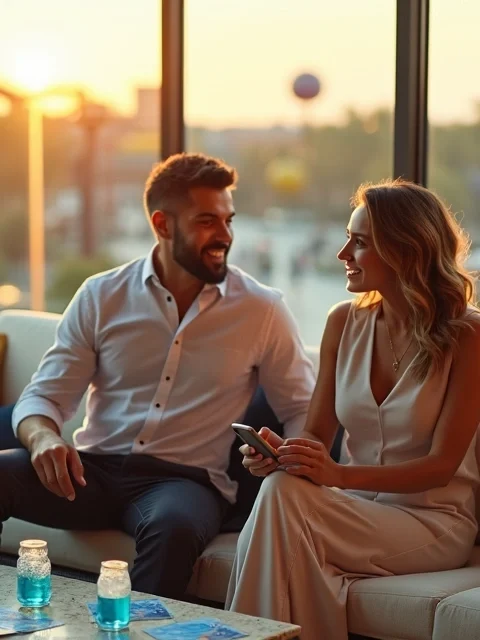 Casal brasileiro elegante em área VIP de parque em Orlando sem filas aparentes