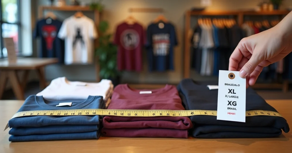 Pessoa compara etiquetas de tamanhos de roupas XL de diferentes países em loja de Orlando