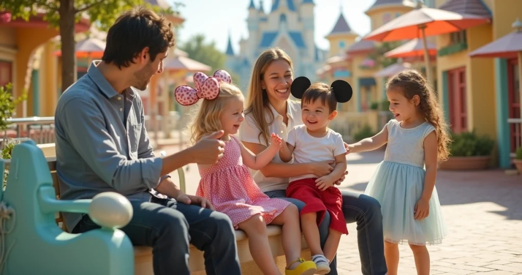 Crianças pequenas fantasiadas interagem com personagem em parque temático colorido