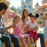 Crianças pequenas fantasiadas interagem com personagem em parque temático colorido