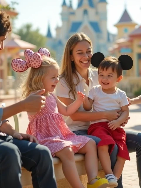 Crianças pequenas fantasiadas interagem com personagem em parque temático colorido