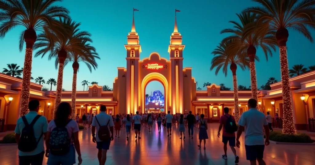 Portal de entrada do parque Hollywood Studios iluminado à noite com visitantes caminhando