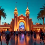 Portal de entrada do parque Hollywood Studios iluminado à noite com visitantes caminhando