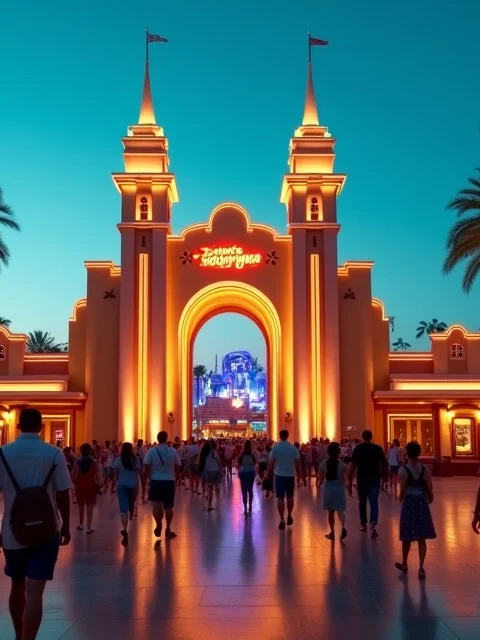 Portal de entrada do parque Hollywood Studios iluminado à noite com visitantes caminhando