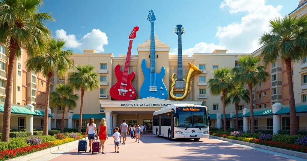 Entrada temática do Disney All-Star Music Resort com instrumentos gigantes e hóspedes chegando com malas
