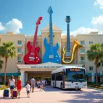 Entrada temática do Disney All-Star Music Resort com instrumentos gigantes e hóspedes chegando com malas