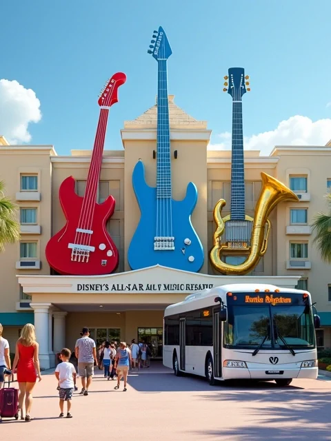 Entrada temática do Disney All-Star Music Resort com instrumentos gigantes e hóspedes chegando com malas