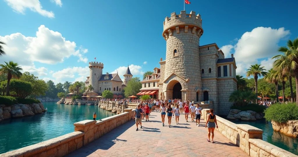 Ponte temática levando ao portal de entrada do Islands of Adventure em dia ensolarado