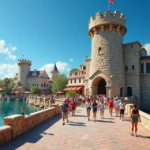 Ponte temática levando ao portal de entrada do Islands of Adventure em dia ensolarado