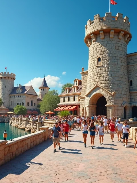 Ponte temática levando ao portal de entrada do Islands of Adventure em dia ensolarado