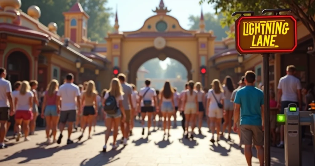 Visitantes passando por entrada rápida de atração com placa Lightning Lane