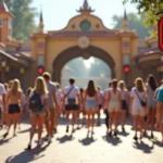 Visitantes passando por entrada rápida de atração com placa Lightning Lane