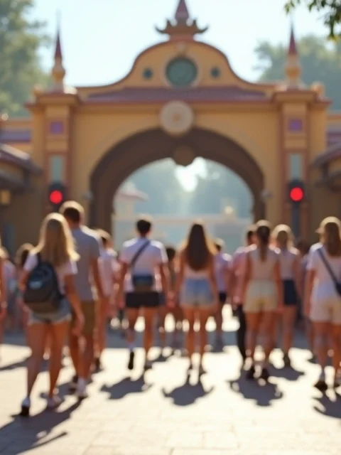 Visitantes passando por entrada rápida de atração com placa Lightning Lane