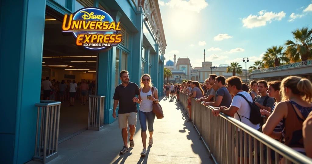 Casal em fila rápida Universal Express ao lado de fila comum cheia na entrada de atração
