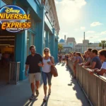 Casal em fila rápida Universal Express ao lado de fila comum cheia na entrada de atração