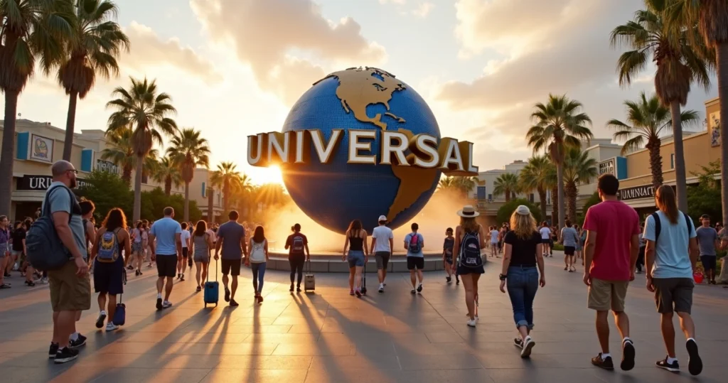 Visitantes caminhando em direção ao globo da Universal Studios ao entardecer