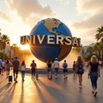 Visitantes caminhando em direção ao globo da Universal Studios ao entardecer
