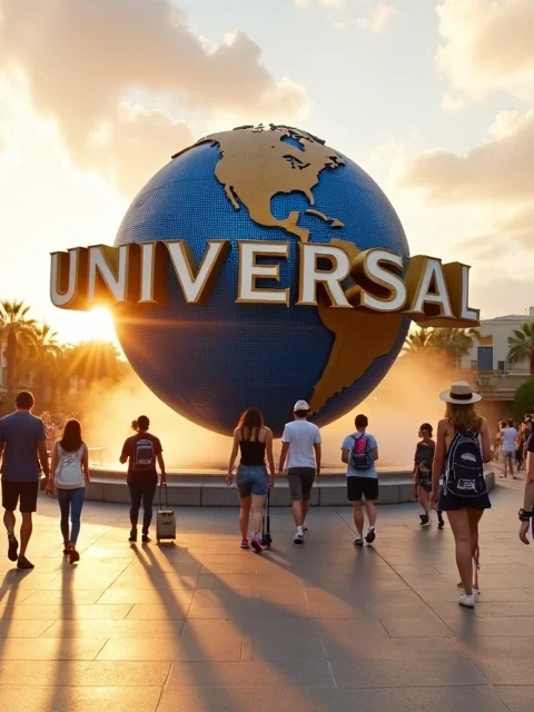 Visitantes caminhando em direção ao globo da Universal Studios ao entardecer