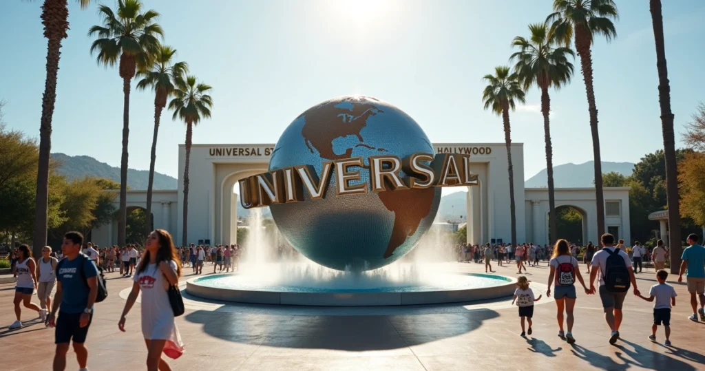 Entrada do Universal Studios Hollywood com globo icônico e colinas de Los Angeles ao fundo