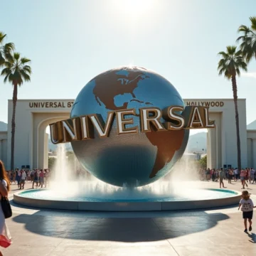 Entrada do Universal Studios Hollywood com globo icônico e colinas de Los Angeles ao fundo