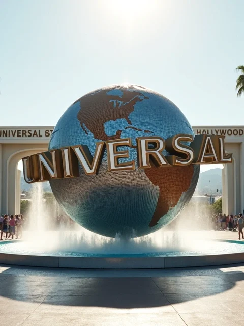 Entrada do Universal Studios Hollywood com globo icônico e colinas de Los Angeles ao fundo