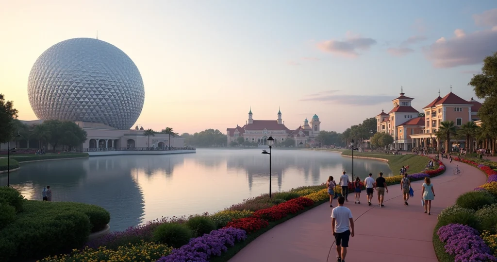 Paisagem ampla do Epcot com a esfera Spaceship Earth e lago do World Showcase ao amanhecer